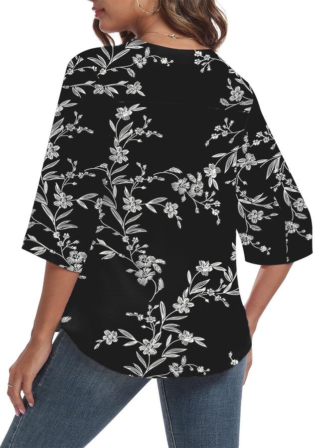 LAOLASI Womens Blouse Summer Elegant 3/4 Sleeve V Neck Flowy Chiffon Blouses for Women Casual Tops Shirts,Black D Floral,L - Image 2